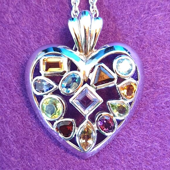 Vintage High Quality Sterling Silver Natural Multi-Gem Heart Pendant Necklace - Picture 1 of 13